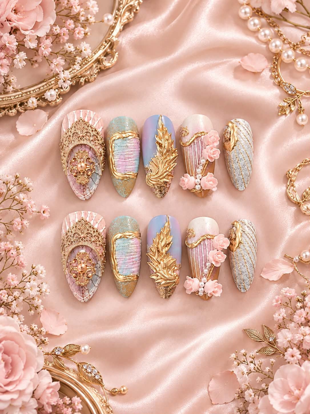 Ornate Pastel Floral Press-On Nails with Gold Embellishments
